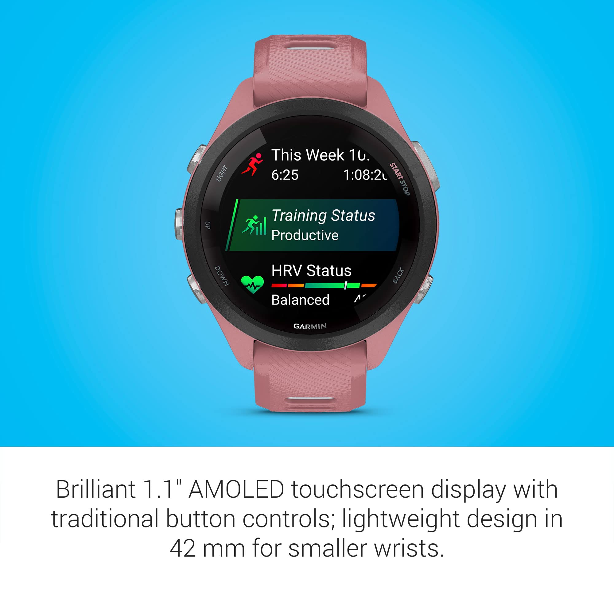 Running Smartwatch with 1.1" AMOLED Display, Training Metrics, Recovery Insights, GPS – Pink/Gray